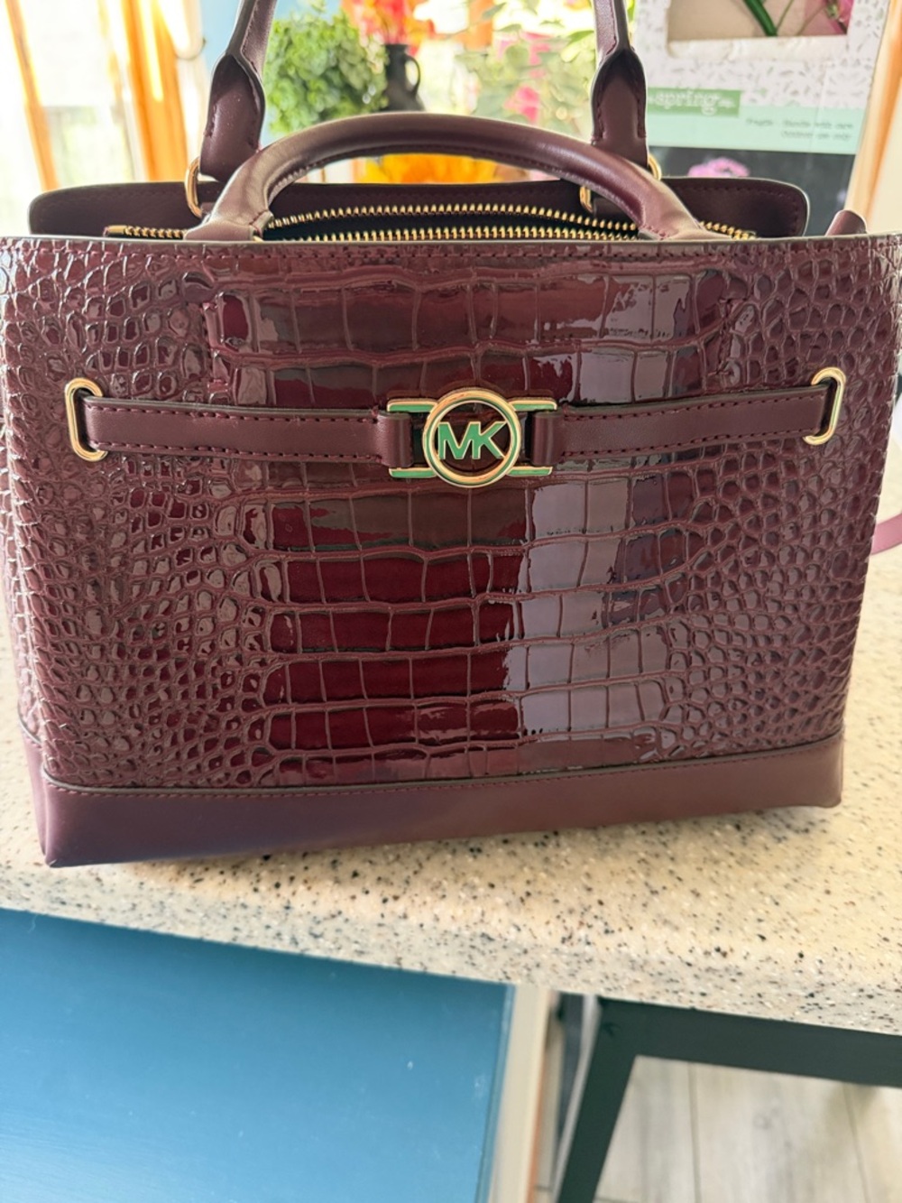 Michael Kors Burgundy Leather Satchel with Gold Hardware